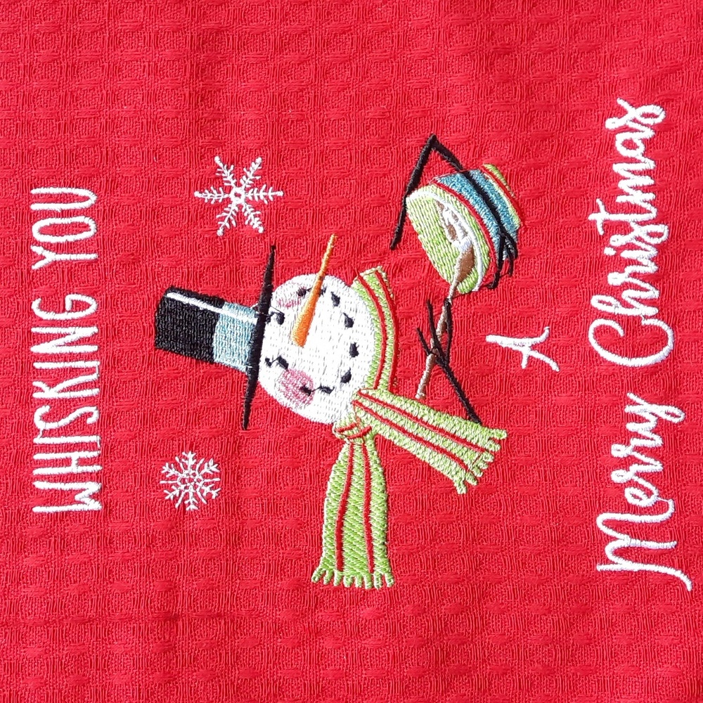 Towel Embroidered Waffle Kitchen Dish Snowman Wisking You A Merry Christmas NWT